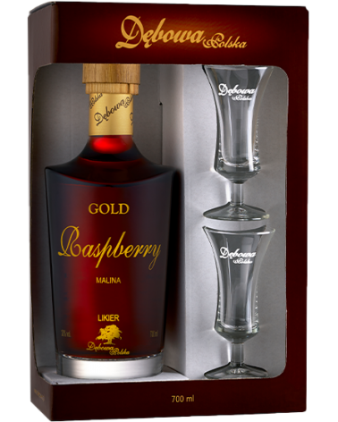 Likier Gold Raspberry Malina 0,7l + 2 kieliszki