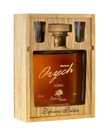 Wódka Orzech 0,7l Skrzynka zasuwana karafka + 2 kieliszki